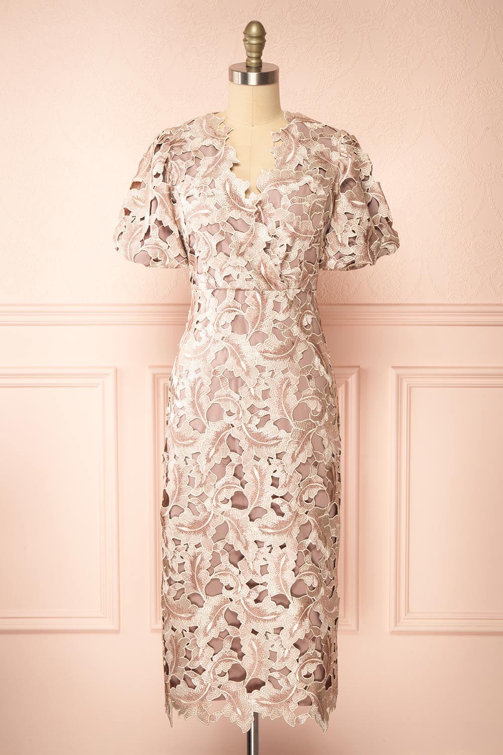 Rolande Midi Taupe Openwork Lace Dress | Boutique 1861 front view