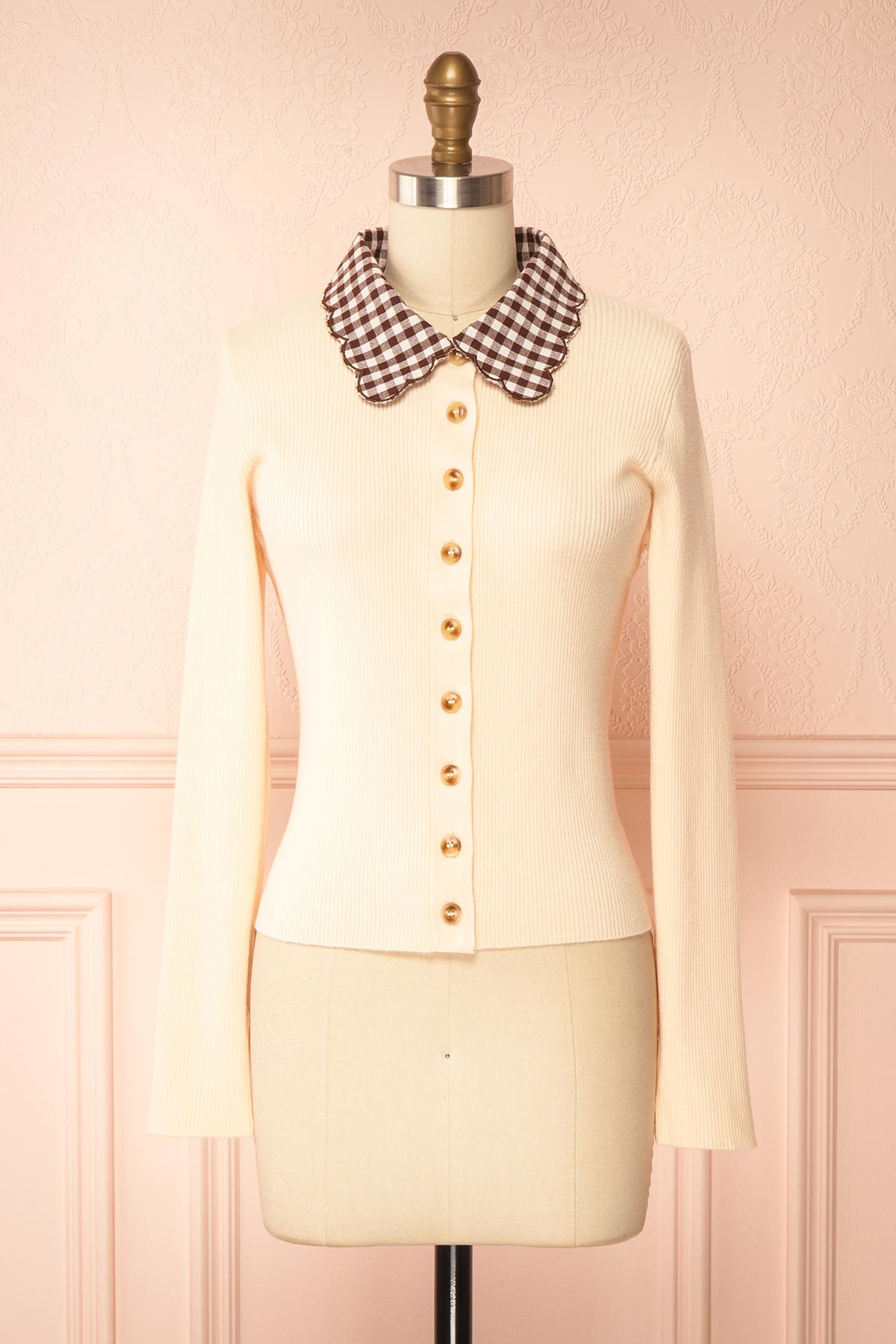 front view of Romalda Blush Ribbed Button-Front Cardigan with Gingham Collar at Boutique 1861