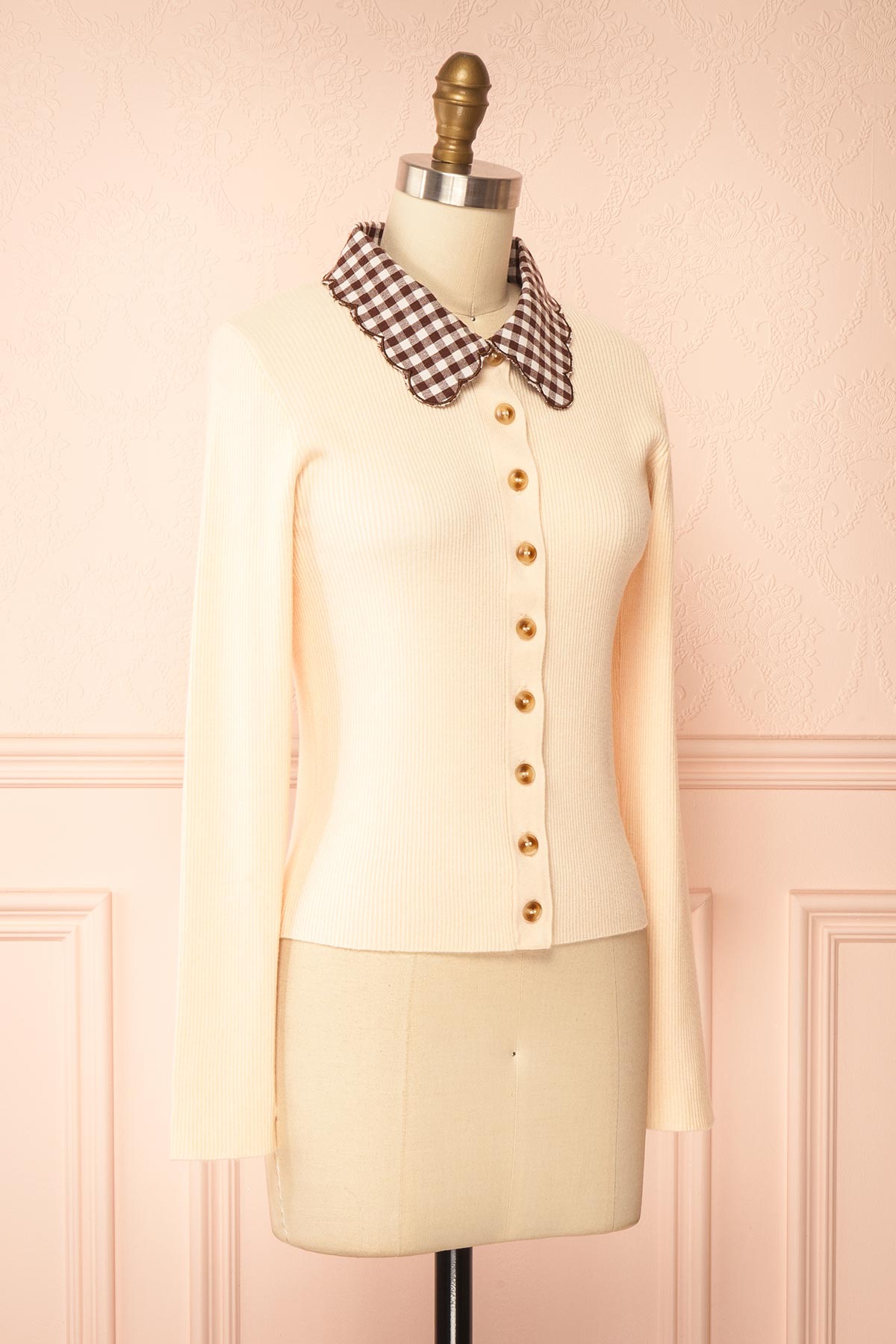 side view of Romalda Blush Ribbed Button-Front Cardigan with Gingham Collar at Boutique 1861