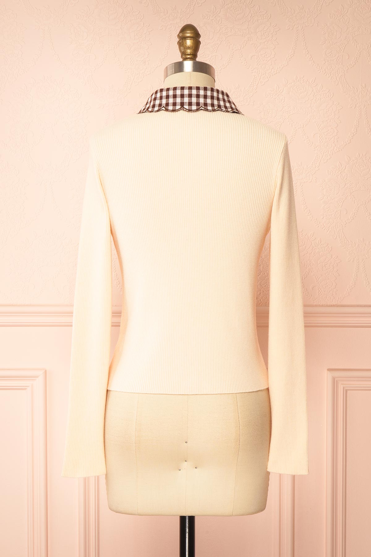 back view of Romalda Blush Ribbed Button-Front Cardigan with Gingham Collar at Boutique 1861