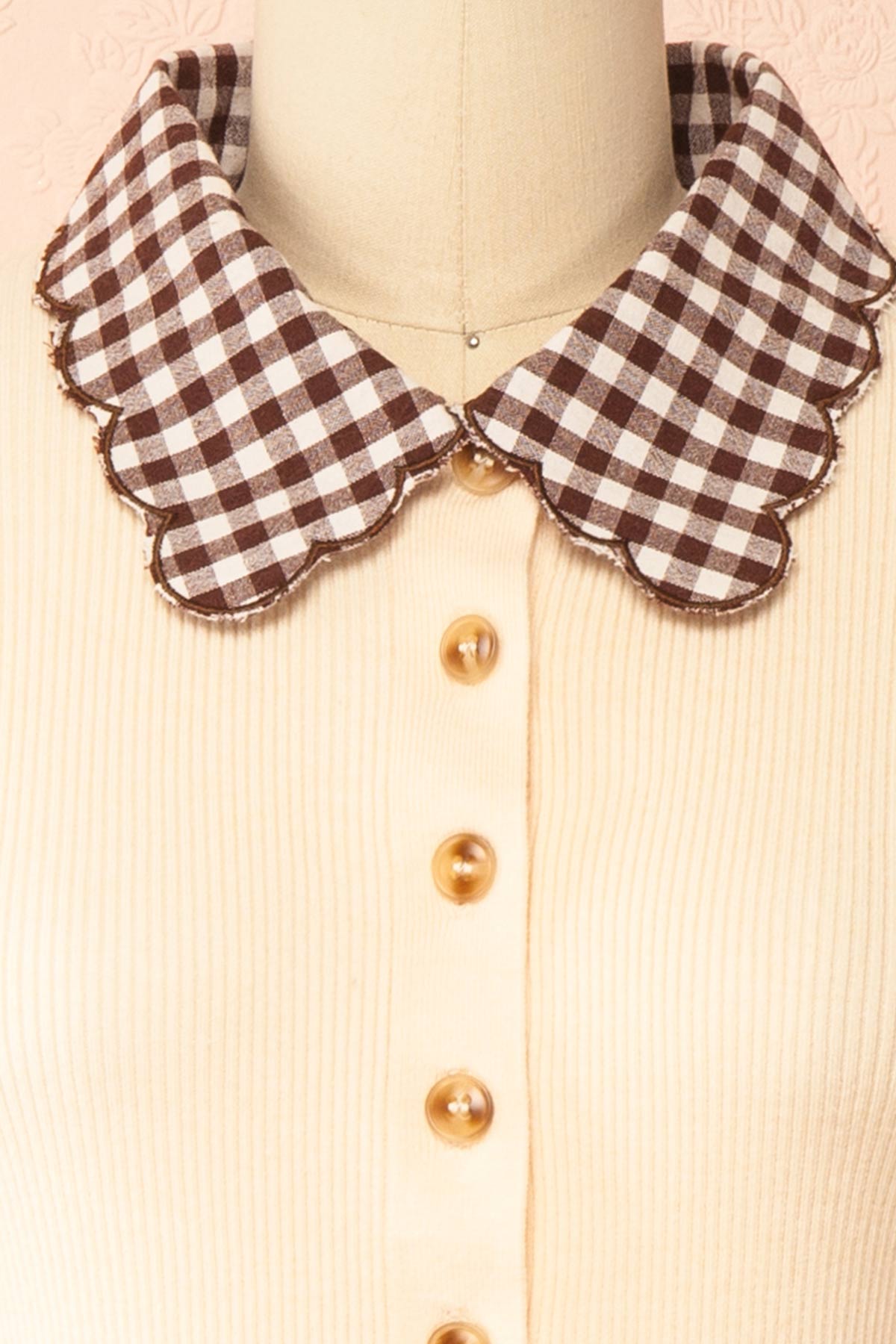 details view of Romalda Blush Ribbed Button-Front Cardigan with Gingham Collar at Boutique 1861