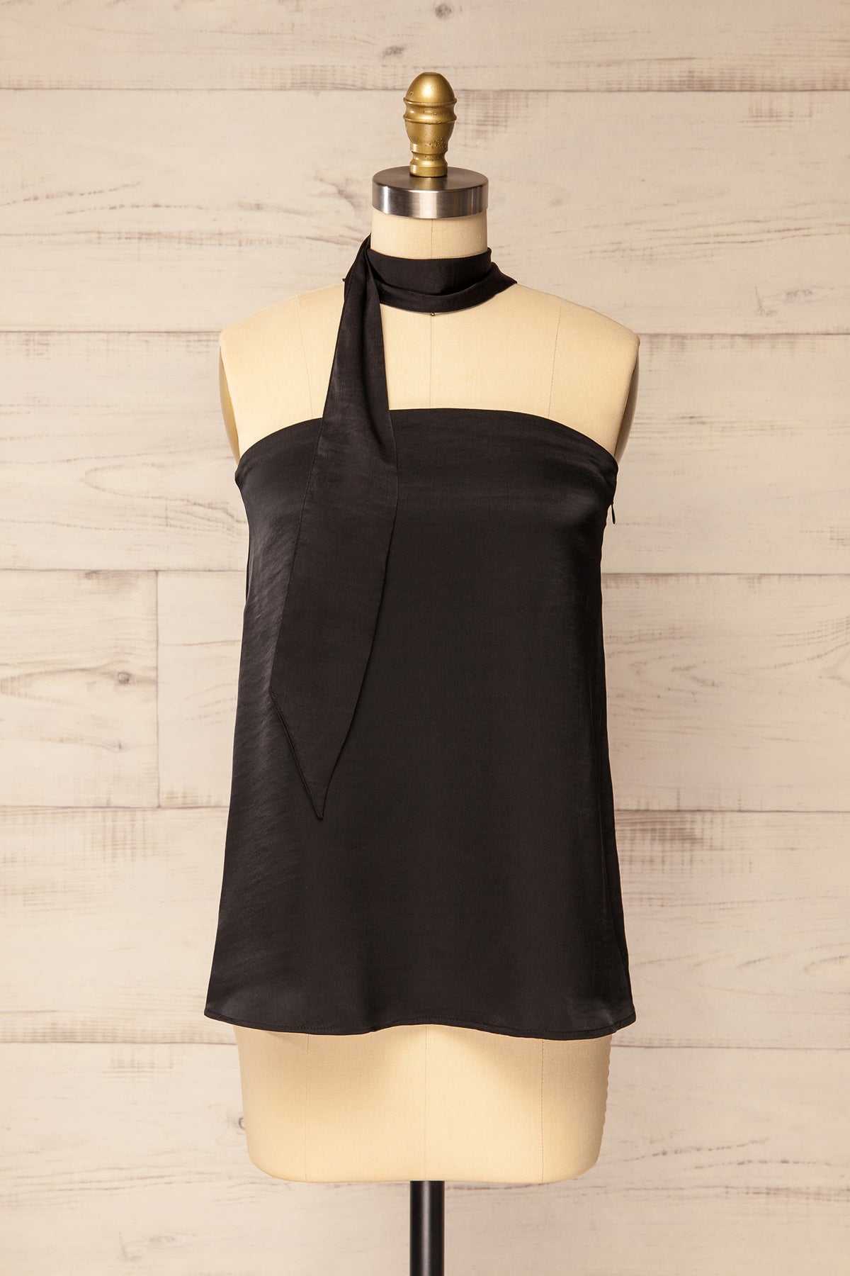 front view with scarf of Rosaire Black Satin Strapless Flowy Top with Scarfat La petite garçonne
