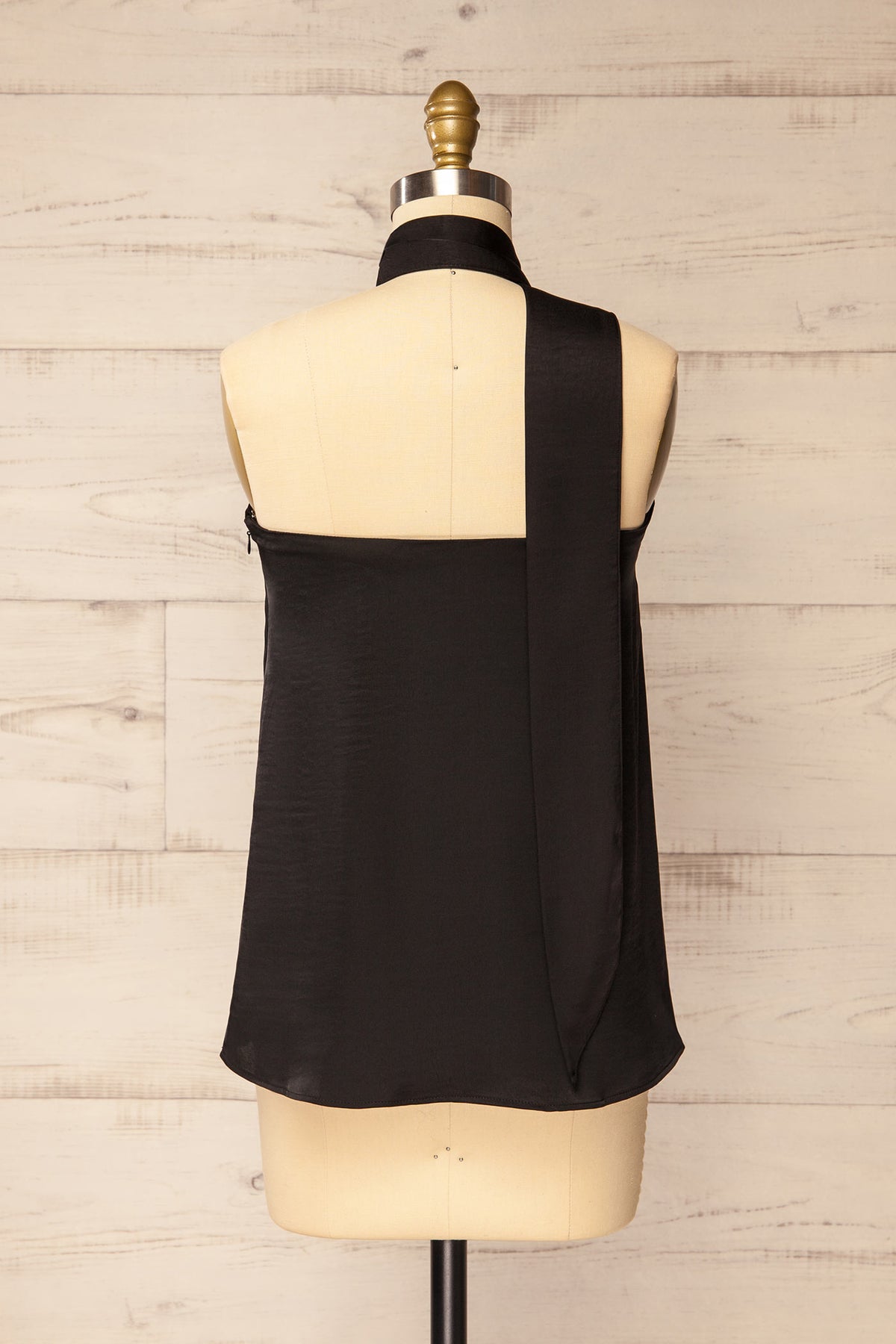 back view of Rosaire Black Satin Strapless Flowy Top with Scarfat La petite garçonne