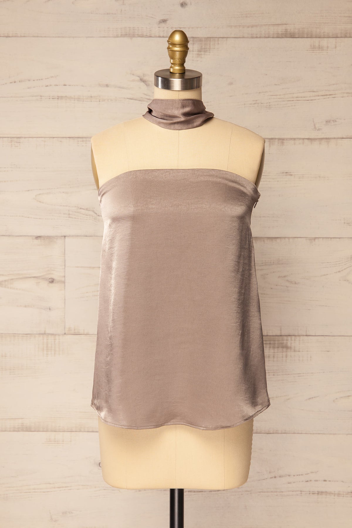 Front view without scarf of Rosaire Taupe Satin Strapless Flowy Top with Scarf at La petite garçonne