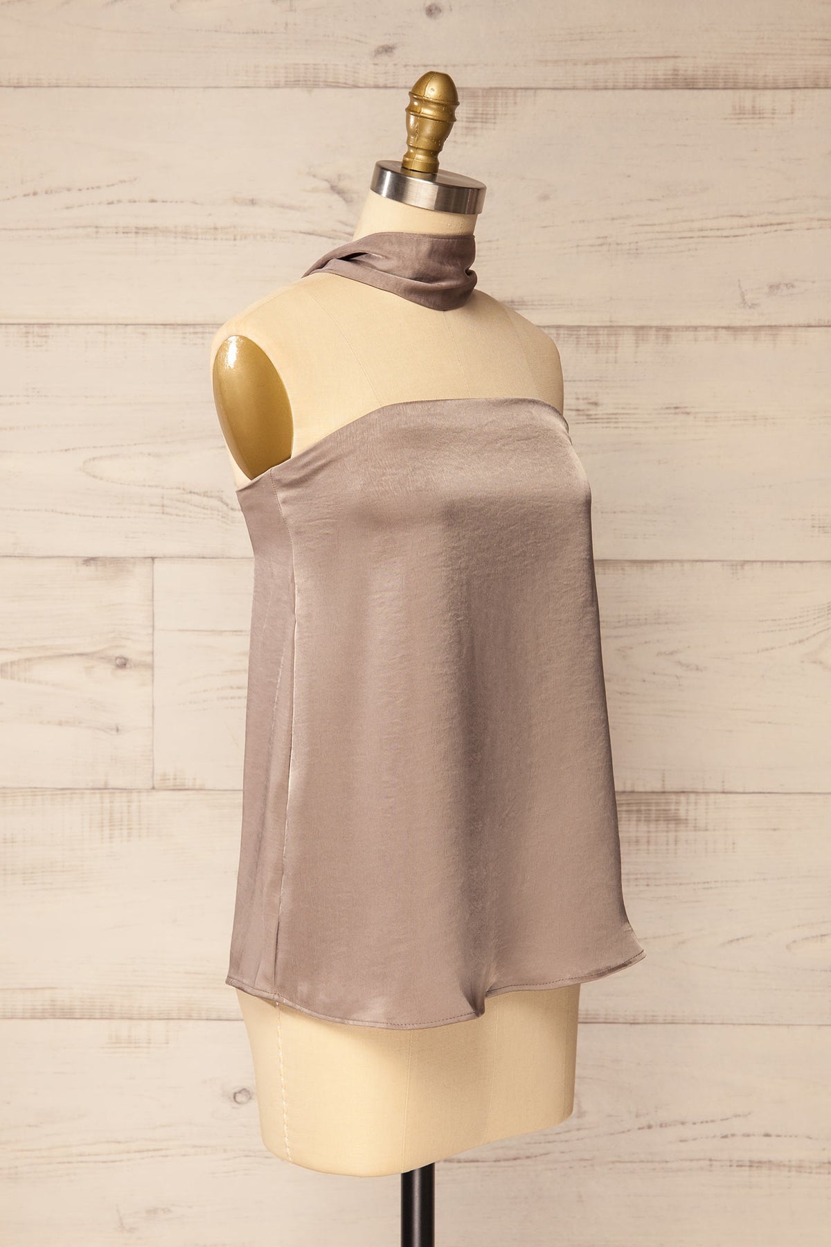 Side view of Rosaire Taupe Satin Strapless Flowy Top with Scarf at La petite garçonne