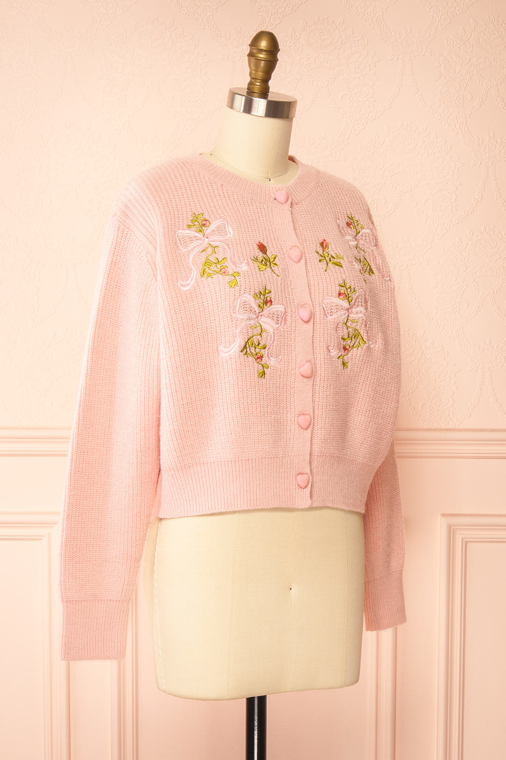 Rosaleen Knit Pink Cropped Cardigan with Heart-Shaped Buttons
