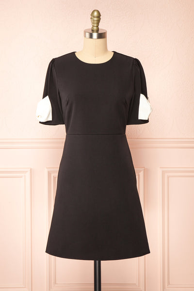 Rosette Short Black Dress w/ White Bows | Boutique 1861 front view