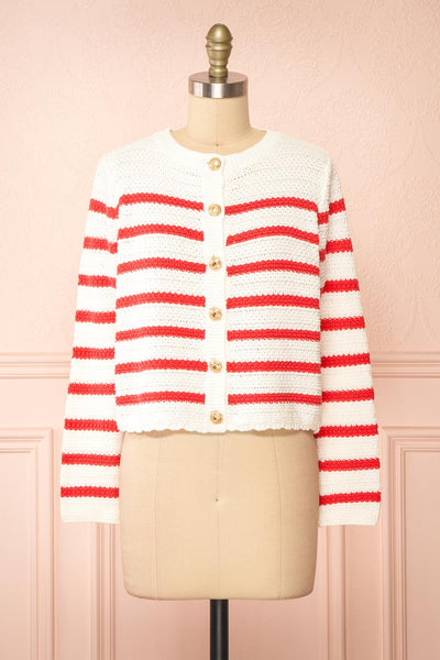 Rosye White Knit Cardigan w/ Red Stripes | Boutique 1861 front view