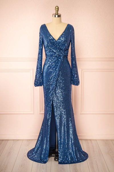 Roxy Blue Sequins Long-Sleeved Maxi Dress | Boutique 1861 front view