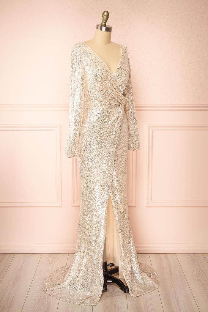 Romi | Champagne High-Neck Maxi Dress With Ruched Detailing
