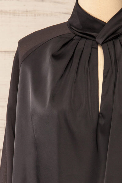 Rumoi Black Silky Blouse w/ Sheer Sleeves | La petite garçonne front close-up