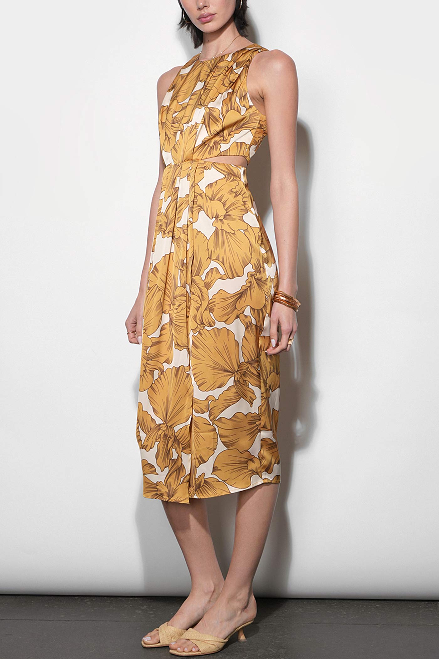 Sabah | Floral Satin Midi Dress with Slit