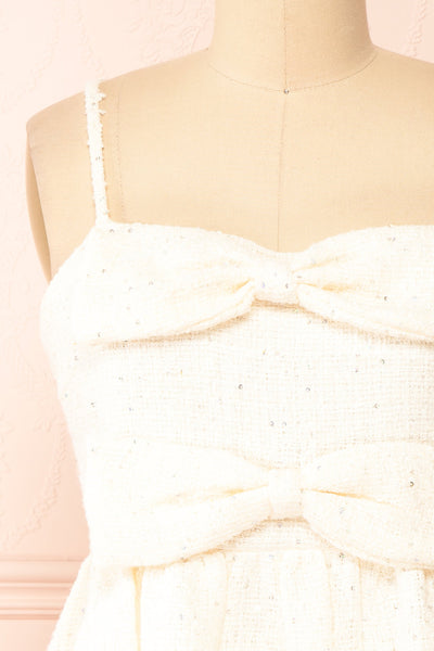 Sabrina Short Cream Tweed Dress w/ Bows | Boutique 1861 front