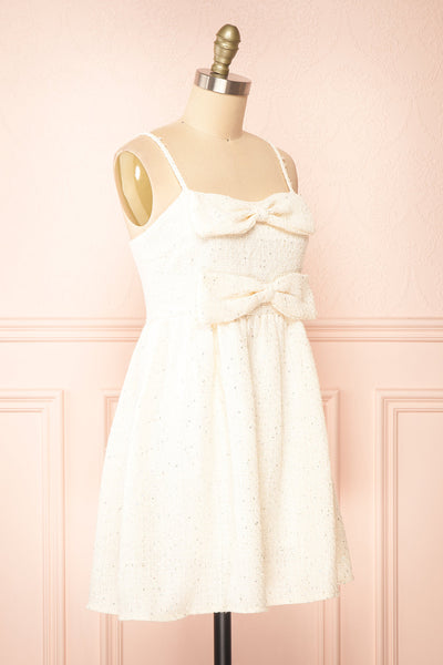 Sabrina Short Cream Tweed Dress w/ Bows | Boutique 1861 side view