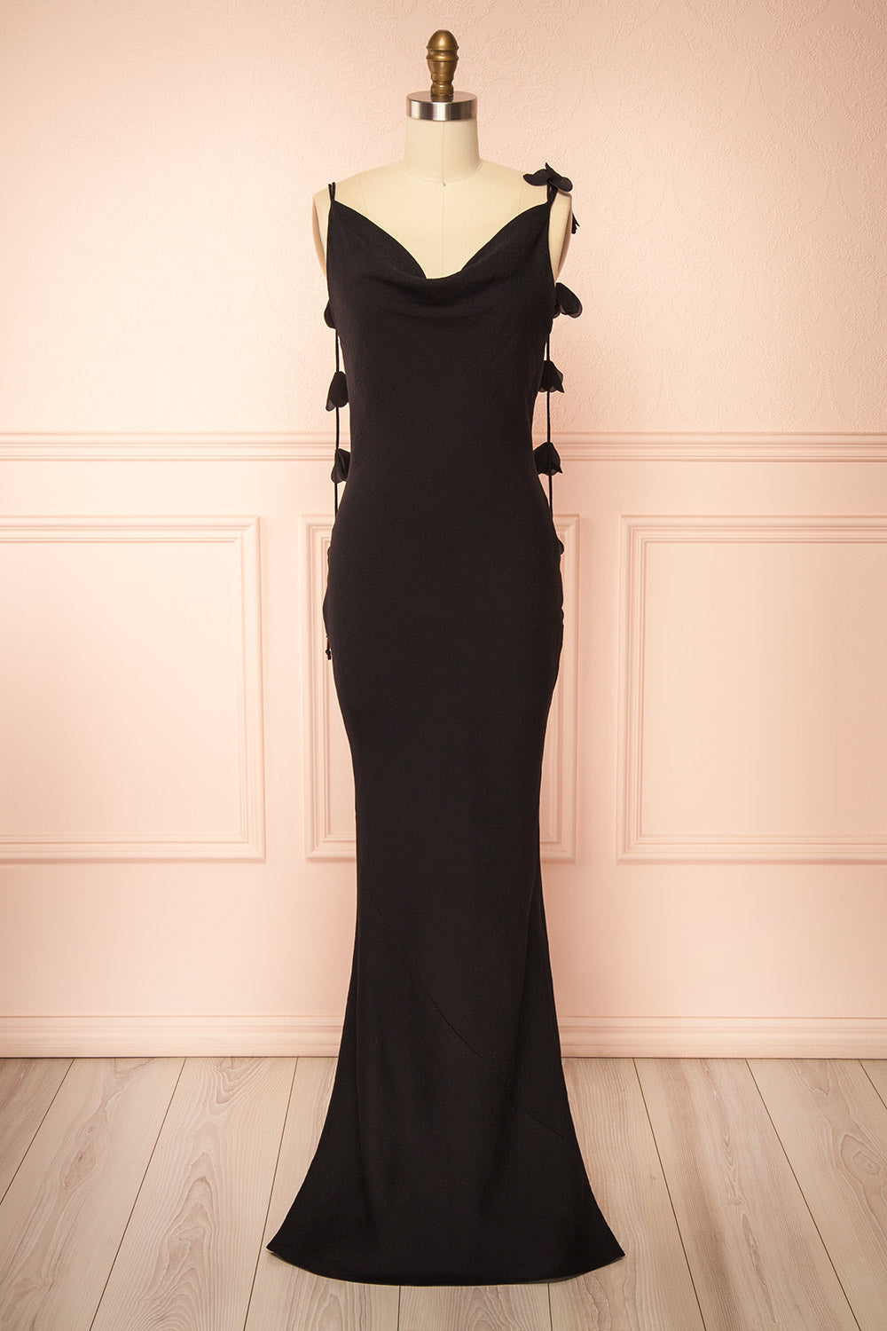 Saemi Black Maxi Open Back Gown with Flower Embellishments | Boutique 1861 front view