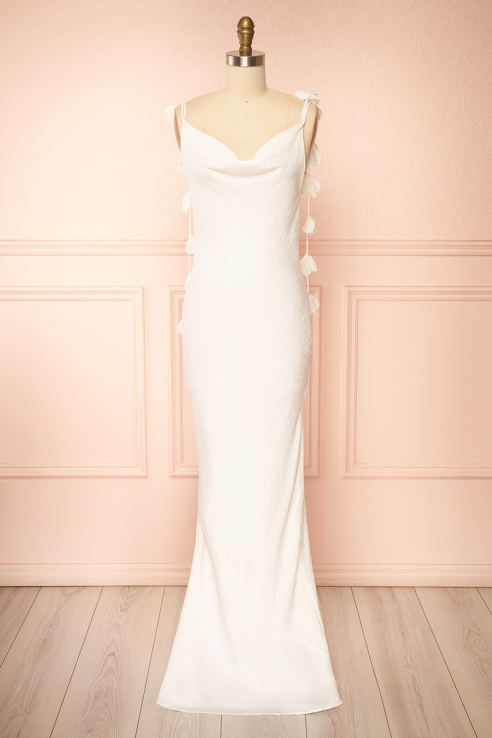 Saemi Ivory Maxi Open Back Gown with Flower Embellishments | Boutique 1861 front view