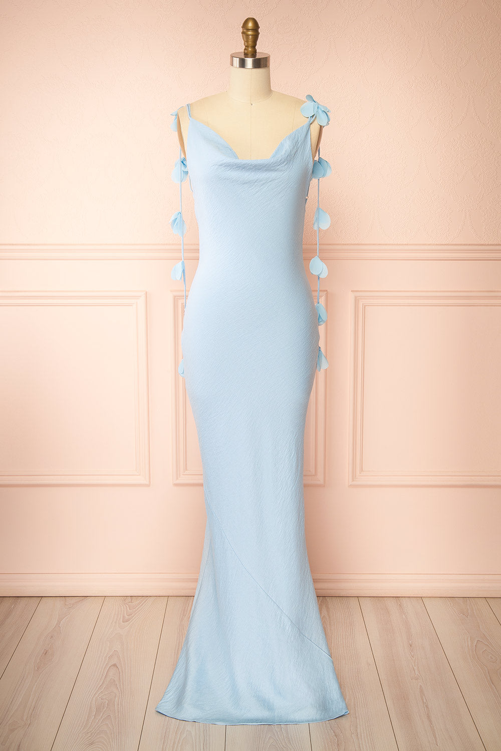 Saemi Light Blue Maxi Open Back Gown with Flower Embellishments | Boutique 1861 front view