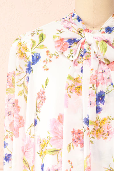Safa Floral Chiffon Blouse w/ Bow Collar | Boutique 1861 front close-up