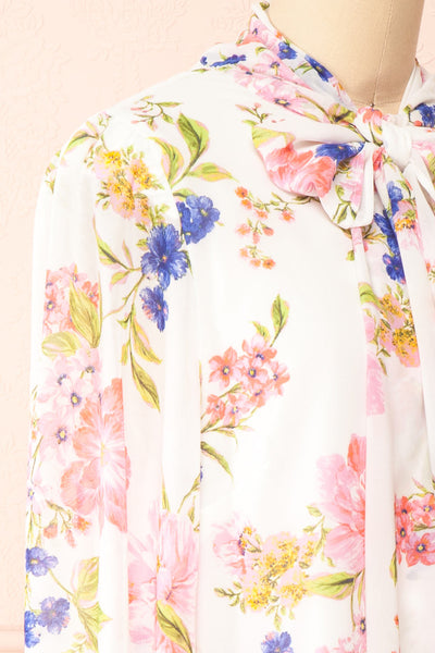 Safa Floral Chiffon Blouse w/ Bow Collar | Boutique 1861 side close-up