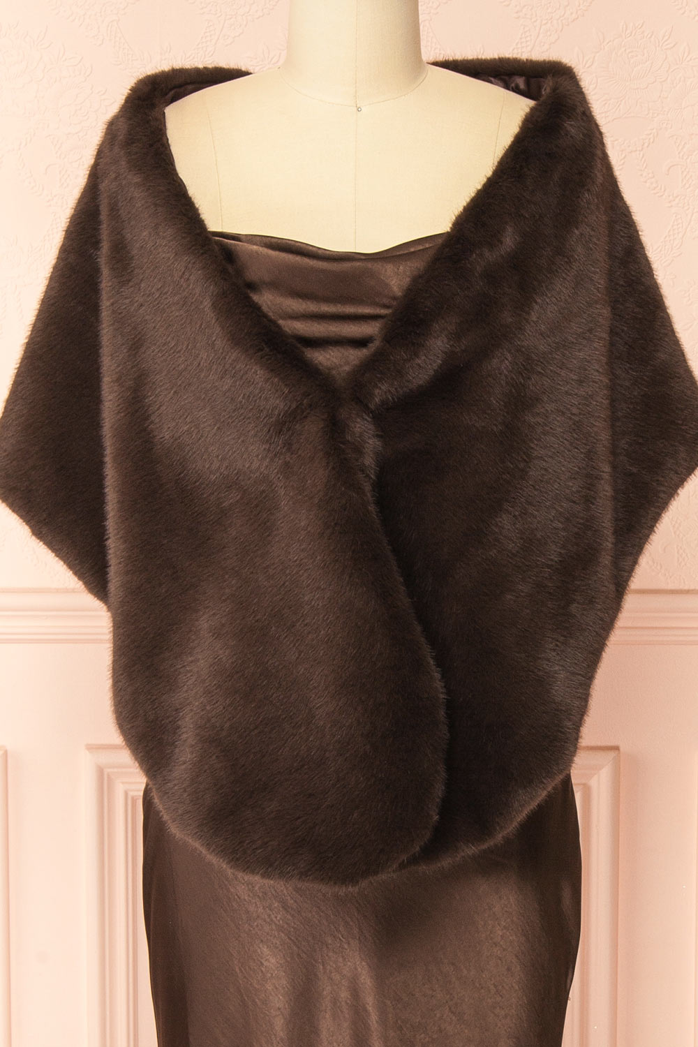 shawl  of a Mannequin wearing the Safiya brown Satin Maxi Dress with Faux Fur Shawl from boutique 1861