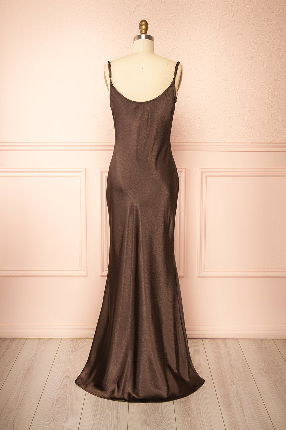 back view of a Mannequin wearing the Safiya brown Satin Maxi Dress with Faux Fur Shawl from boutique 1861