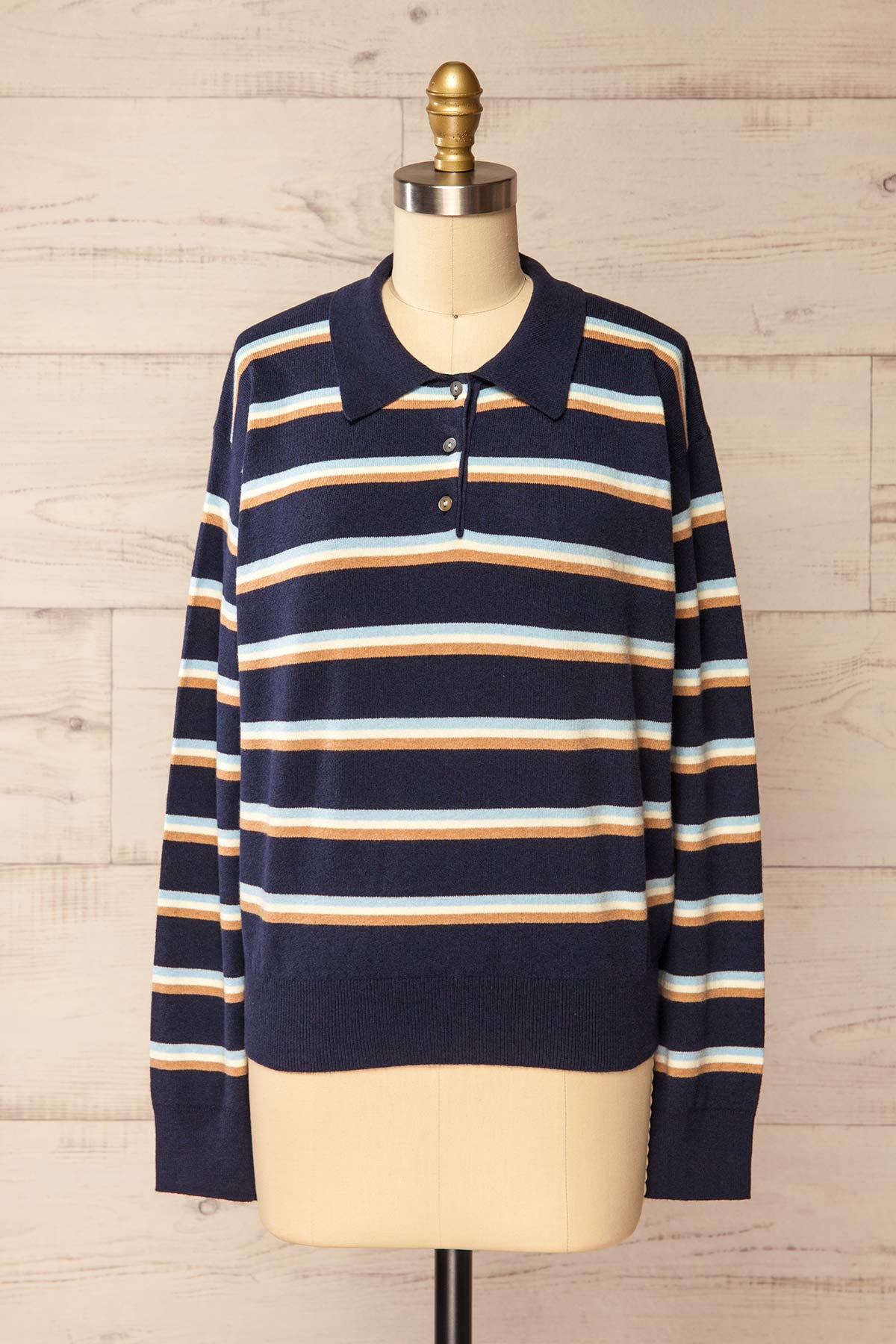 front view of Sahuayo Navy Striped Long Sleeve Polo Top at La petite garçonne