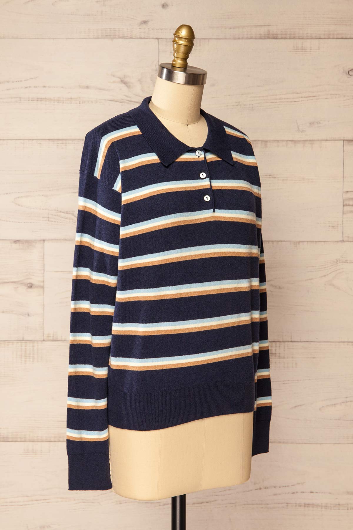side view of Sahuayo Navy Striped Long Sleeve Polo Top at La petite garçonne