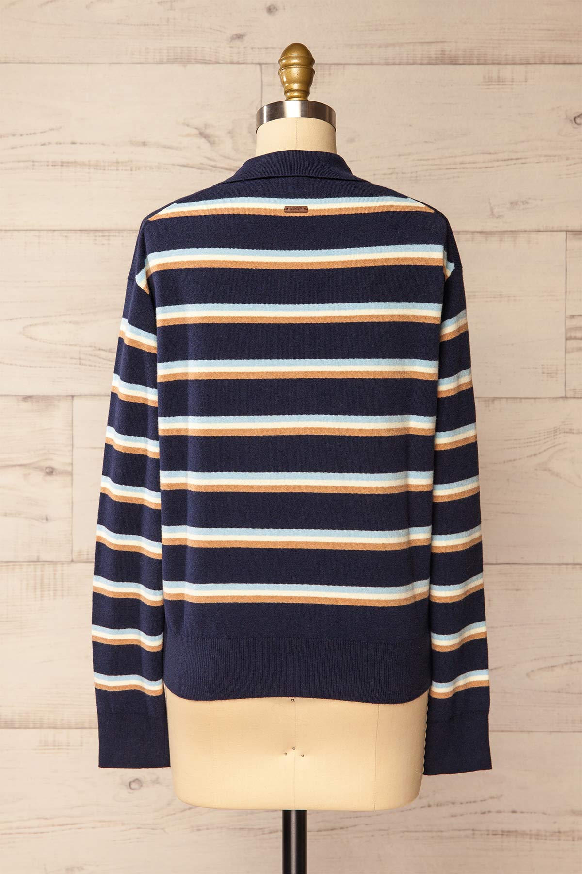 back view of Sahuayo Navy Striped Long Sleeve Polo Top at La petite garçonne