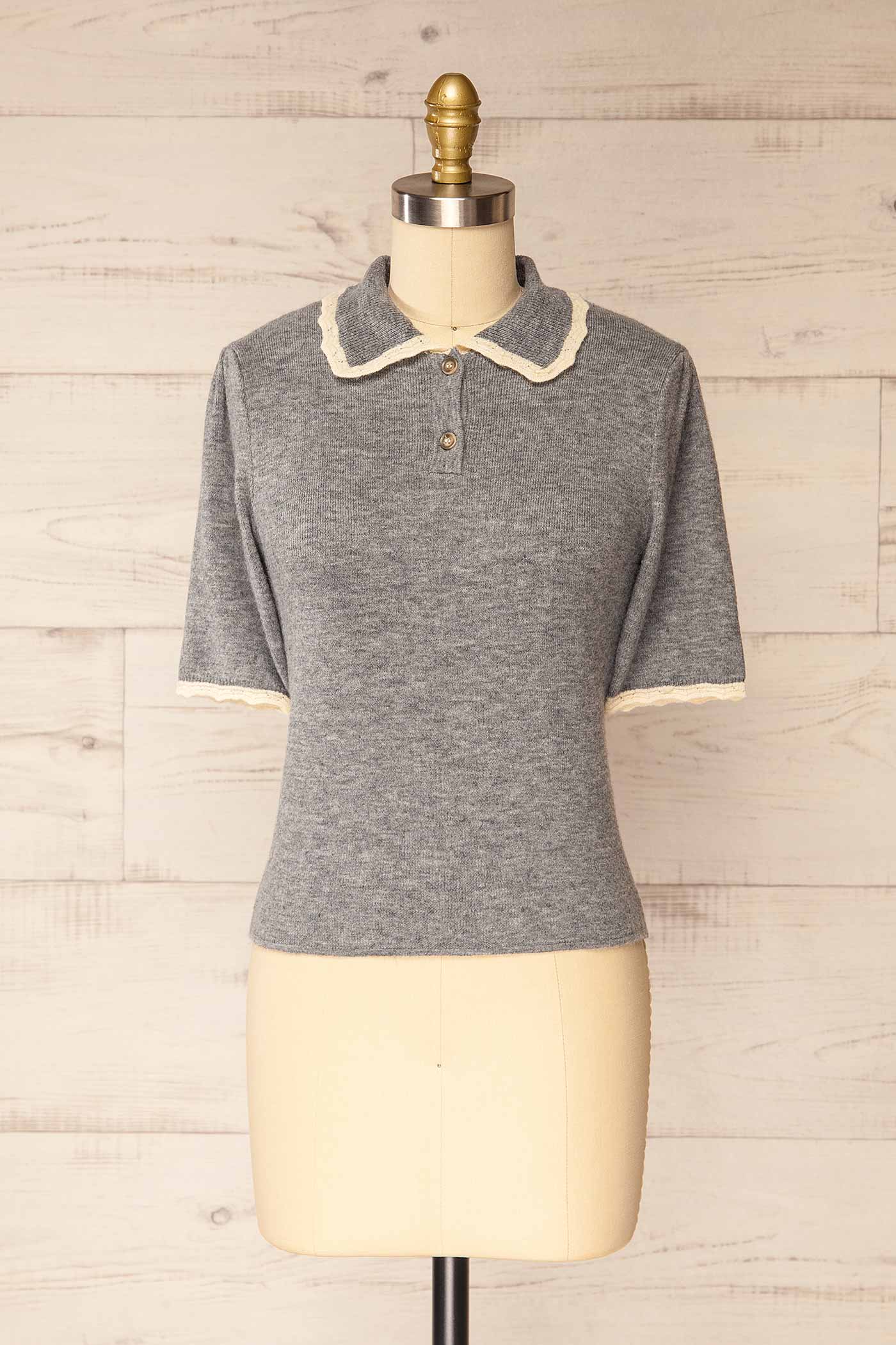 Saltillo Grey Scalloped Trim Knit Polo Sweater | La petite garçonne front 