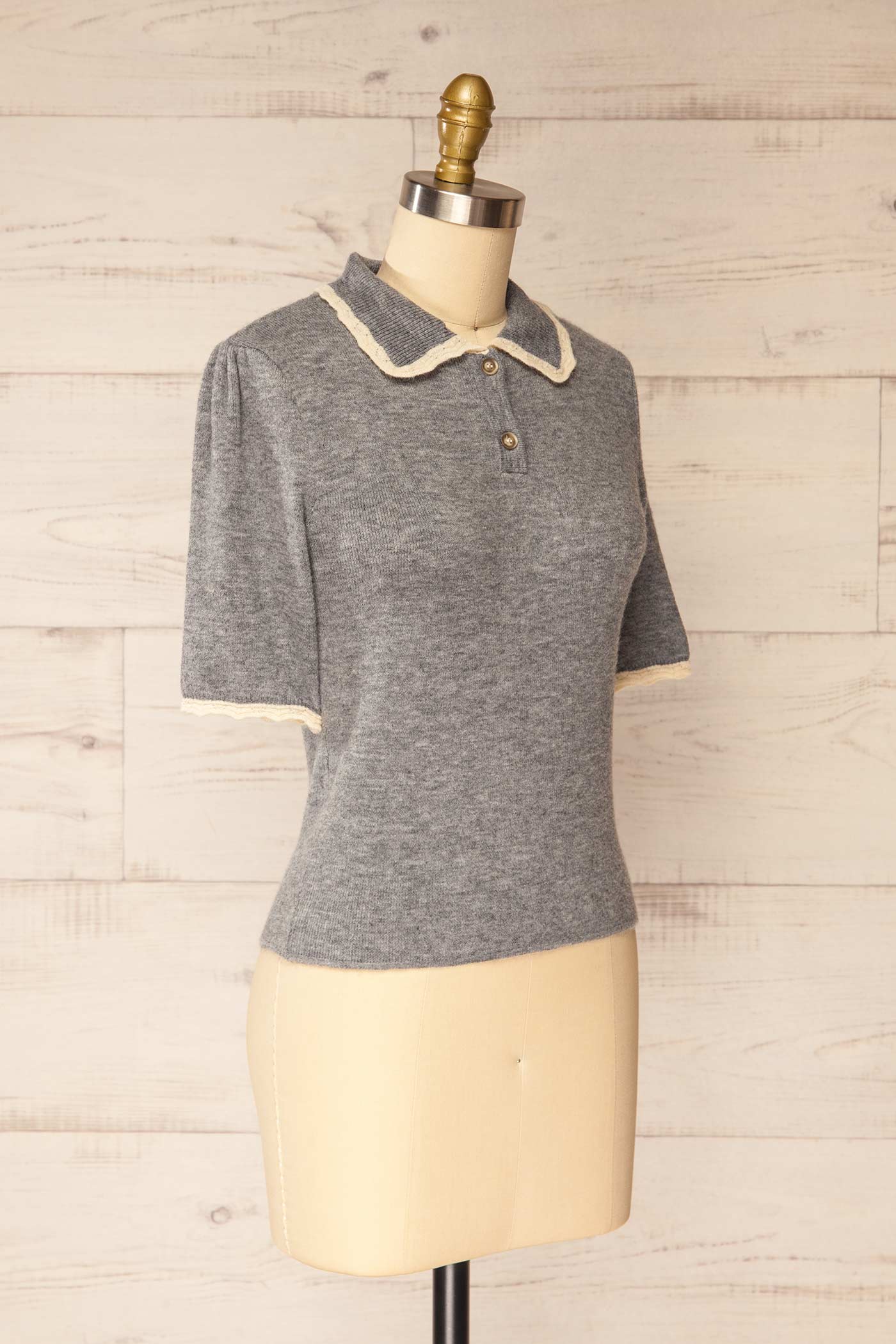 Saltillo Grey Scalloped Trim Knit Polo Sweater | La petite garçonne side