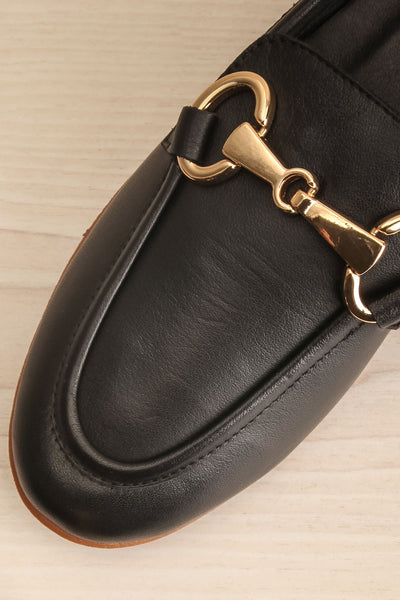 Sambina Black Leather Loafers w/ Golden Hardware | La petite garçonne flat close-up
