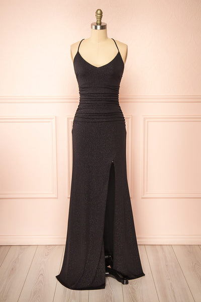 Samira Black Sparkly Mermaid Maxi Dress w/ Slit | Boutique 1861 front view