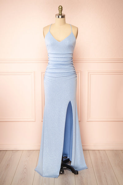 Samira Blue Sparkly Mermaid Maxi Dress w/ Slit | Boutique 1861 front view