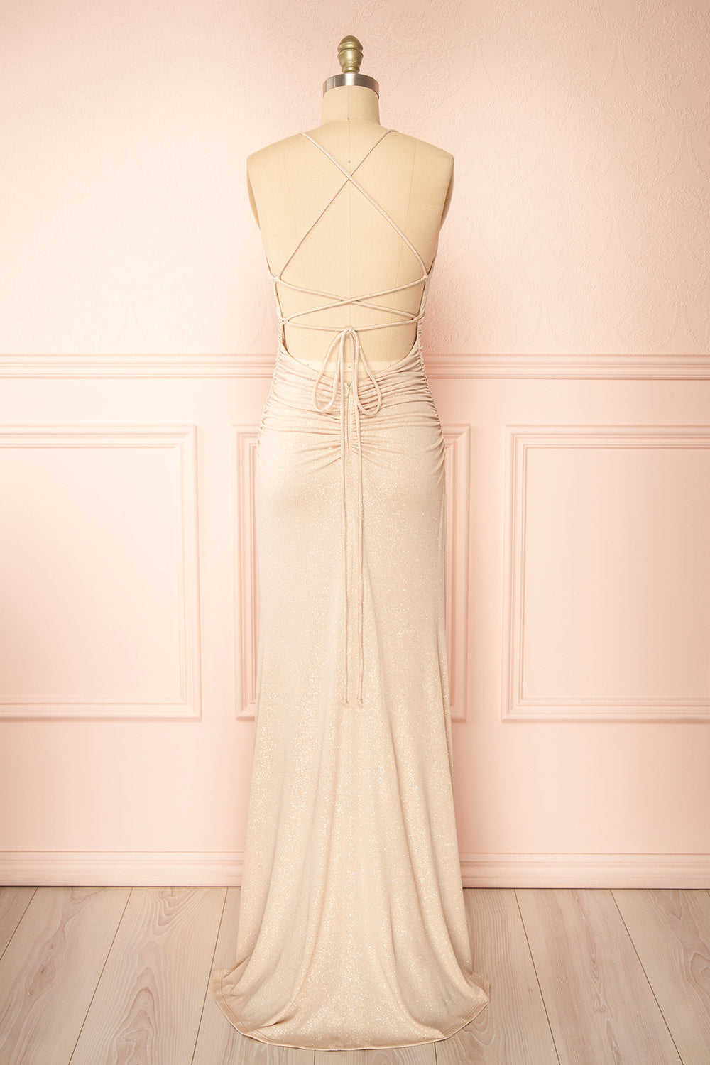 Samira Champagne Sparkly Mermaid Maxi Dress w/ Slit | Boutique 1861 back view