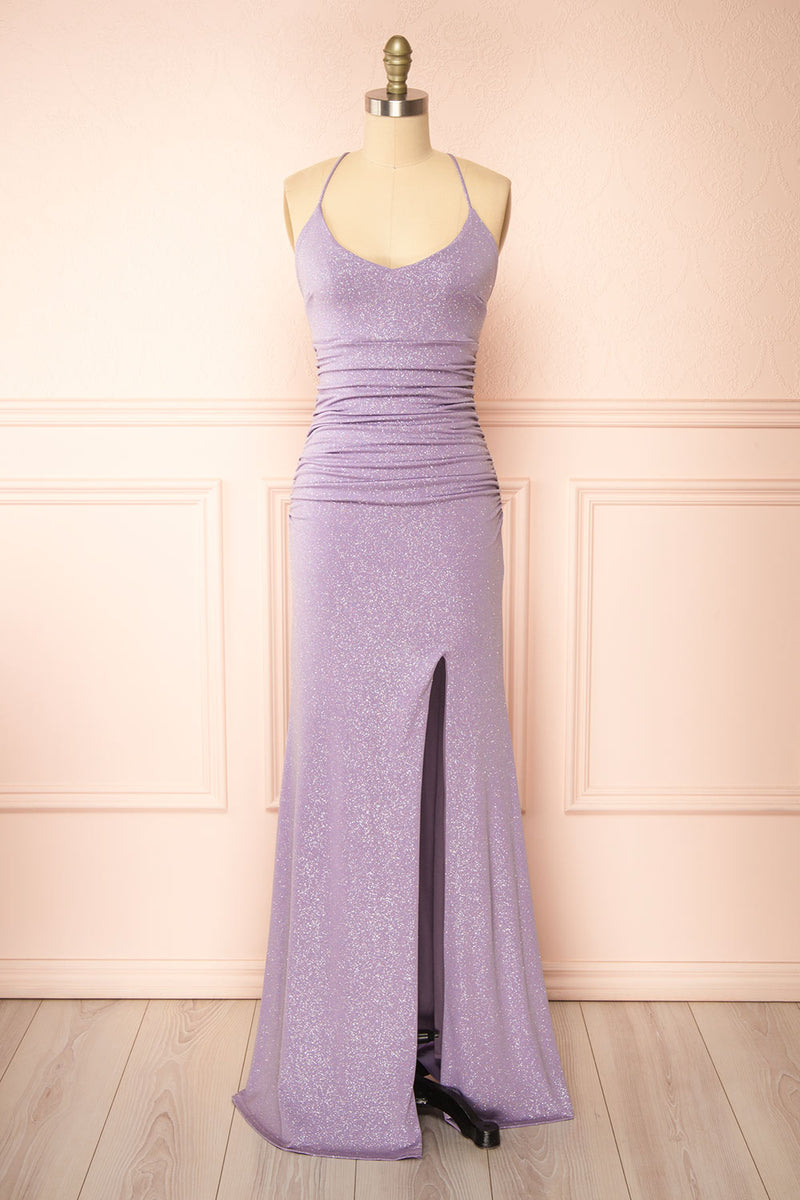 alnair lavender glitter maxi dress Mermaid Glitter Lavender Floral Long Prom Dress with Slit, Lavender / 12