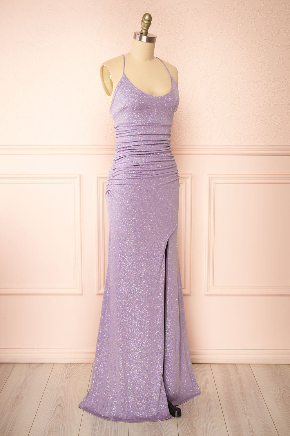 Samira Lavender Sparkly Mermaid Maxi Dress w/ Slit | Boutique 1861 side view 