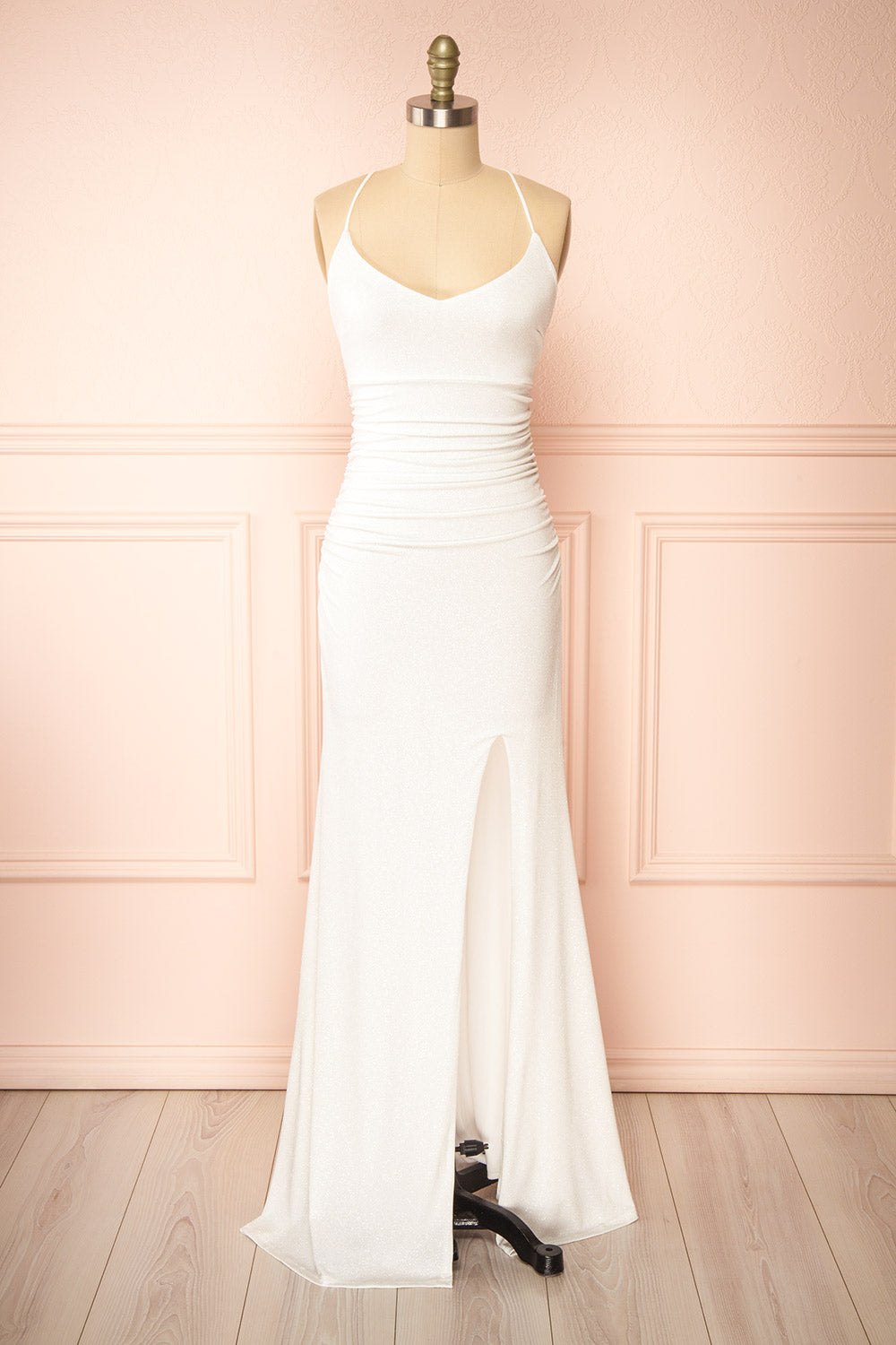 Samira White Sparkly Mermaid Maxi Dress w/ Slit | Boutique 1861 front view
