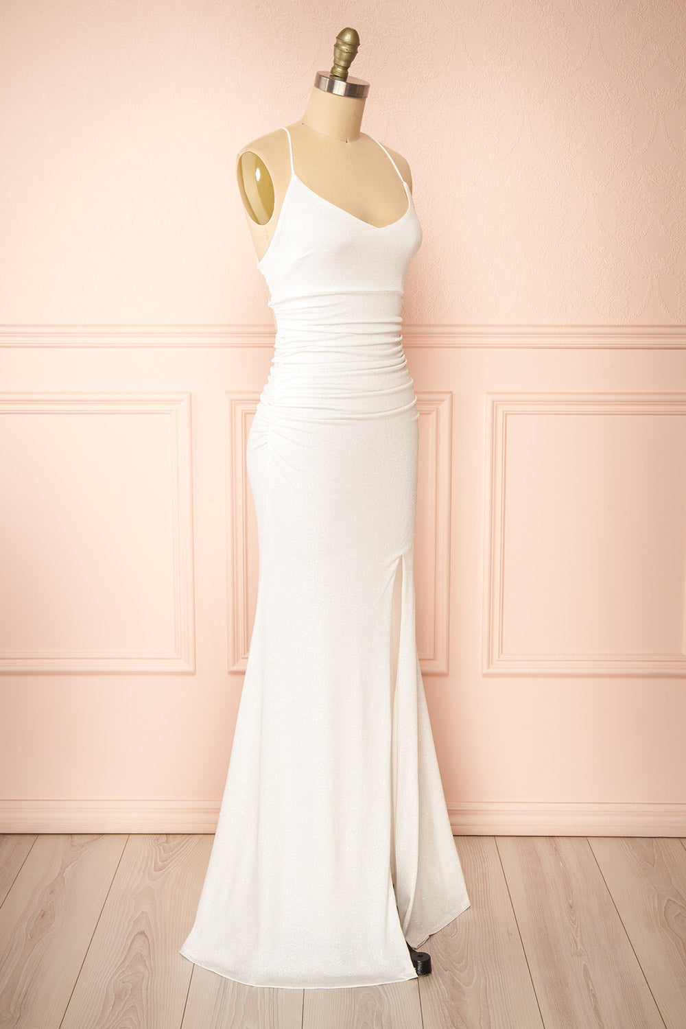 Samira White Sparkly Mermaid Maxi Dress w/ Slit | Boutique 1861 side view