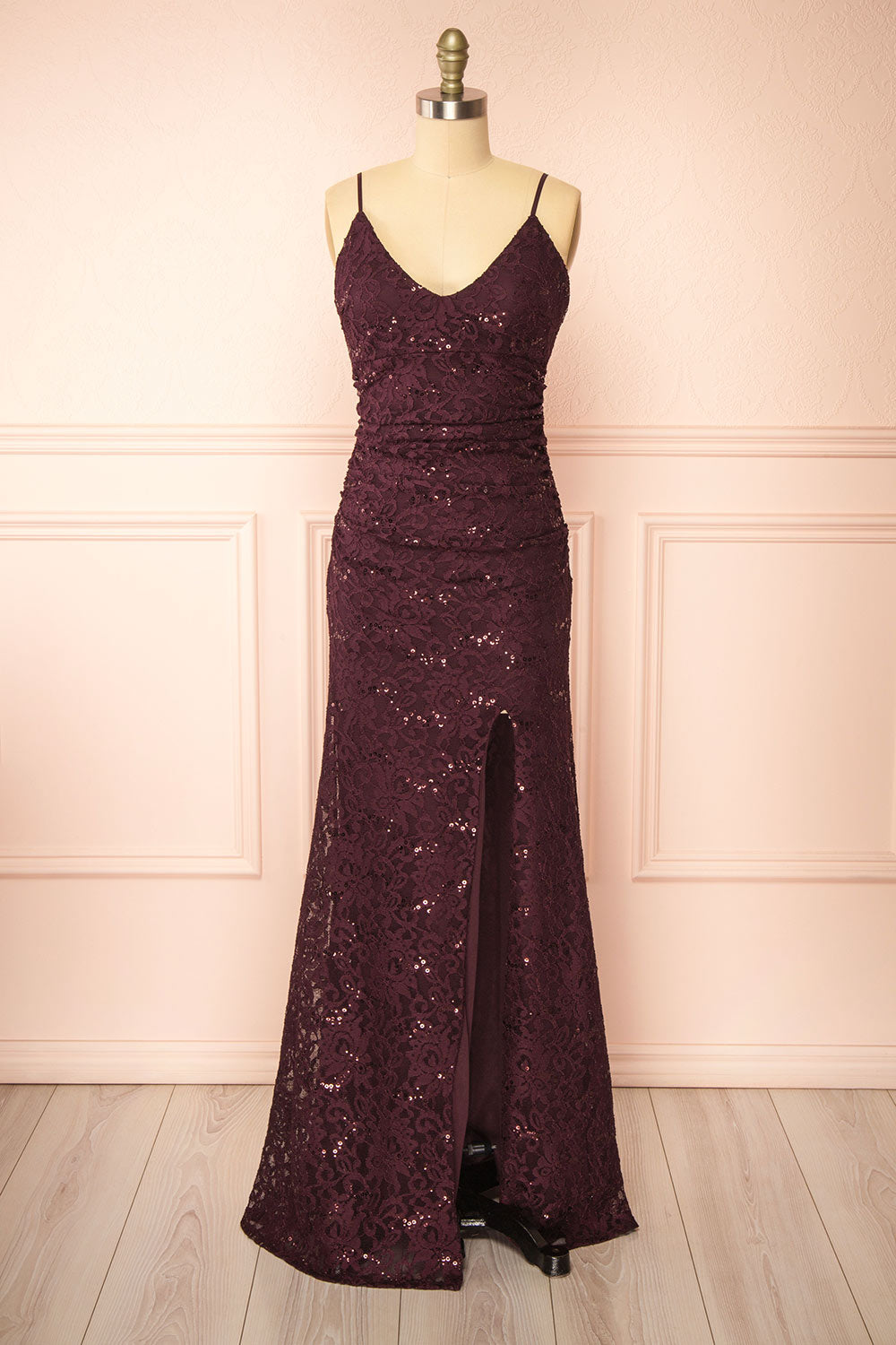 Samy Burgundy Sparkly Lace Mermaid Dress w/ Slit | Boutique 1861 front view