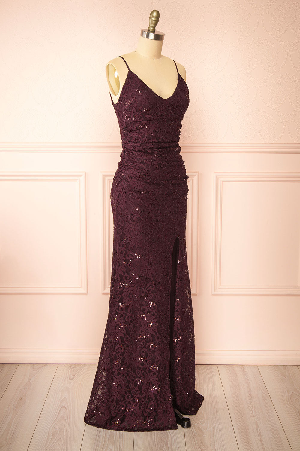 Samy Burgundy Sparkly Lace Mermaid Dress w/ Slit | Boutique 1861 side view