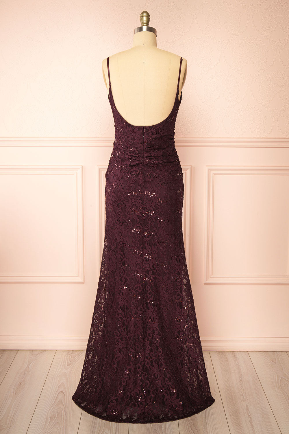 Samy Burgundy Sparkly Lace Mermaid Dress w/ Slit | Boutique 1861 back view