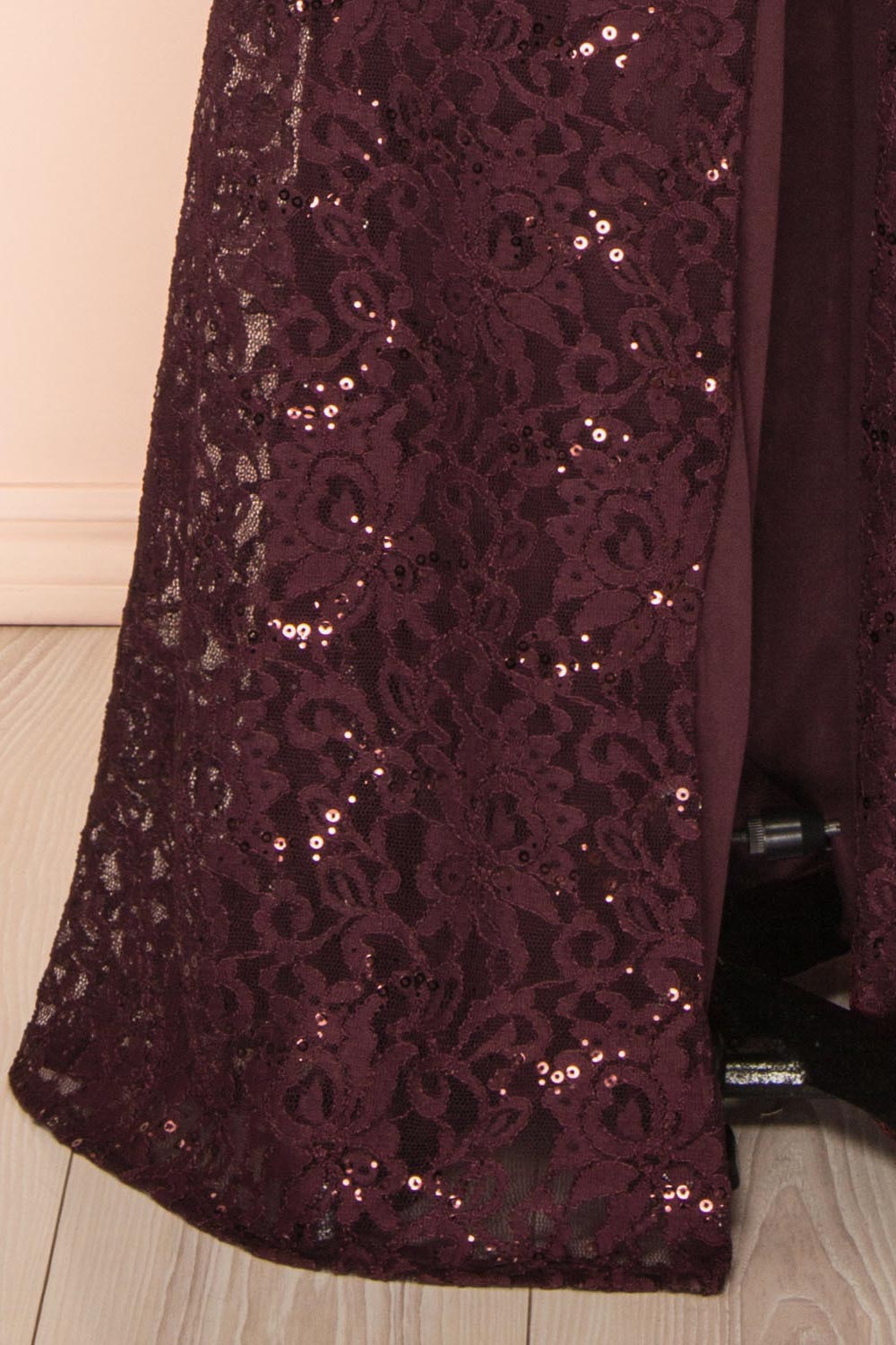 Samy Burgundy Sparkly Lace Mermaid Dress w/ Slit | Boutique 1861 bottom