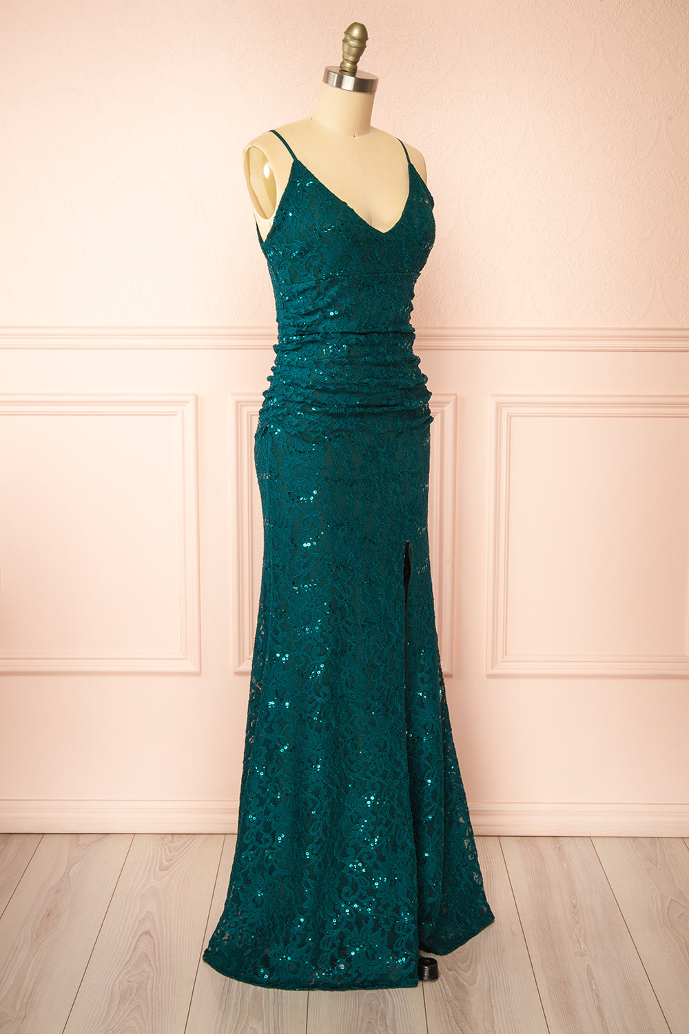 Samy Green Sparkly Lace Mermaid Dress w/ Slit | Boutique 1861 side view