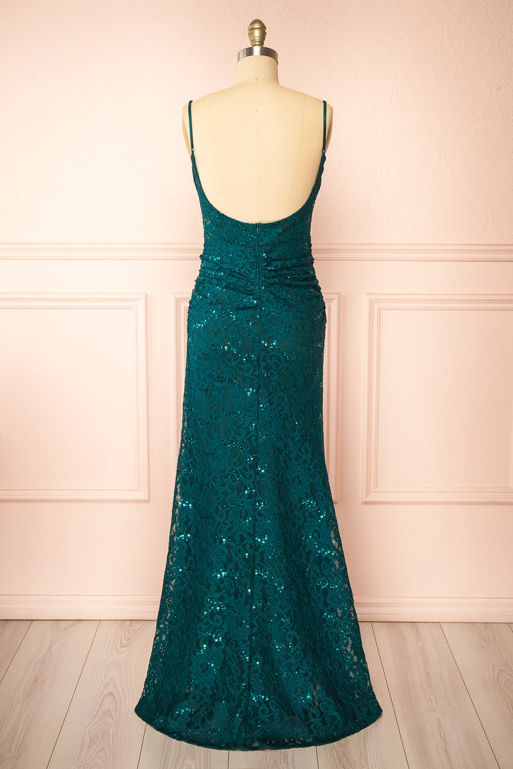 Samy Green Sparkly Lace Mermaid Dress w/ Slit | Boutique 1861 back view