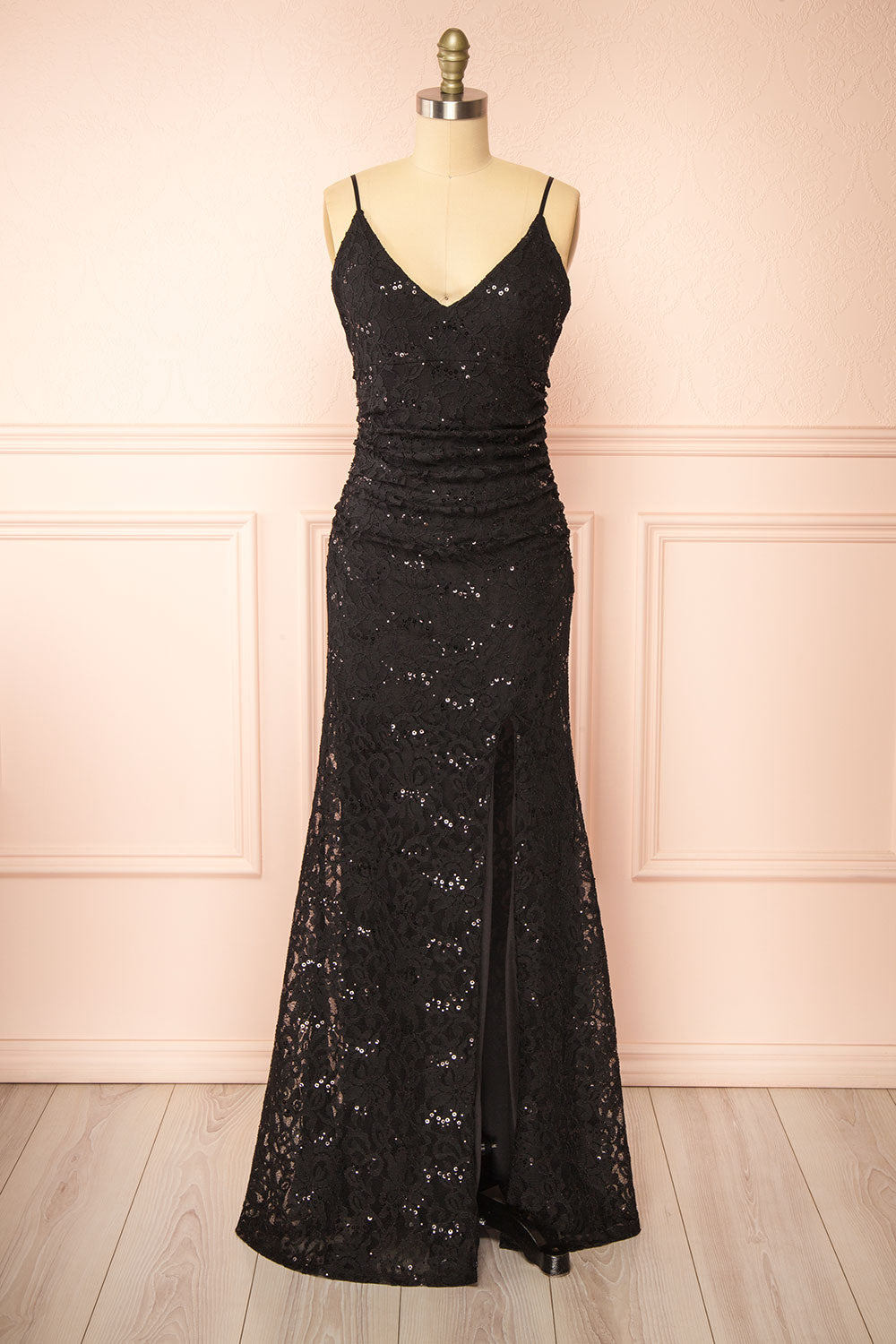 Samy Black Sparkly Lace Mermaid Dress w/ Slit | Boutique 1861 front view