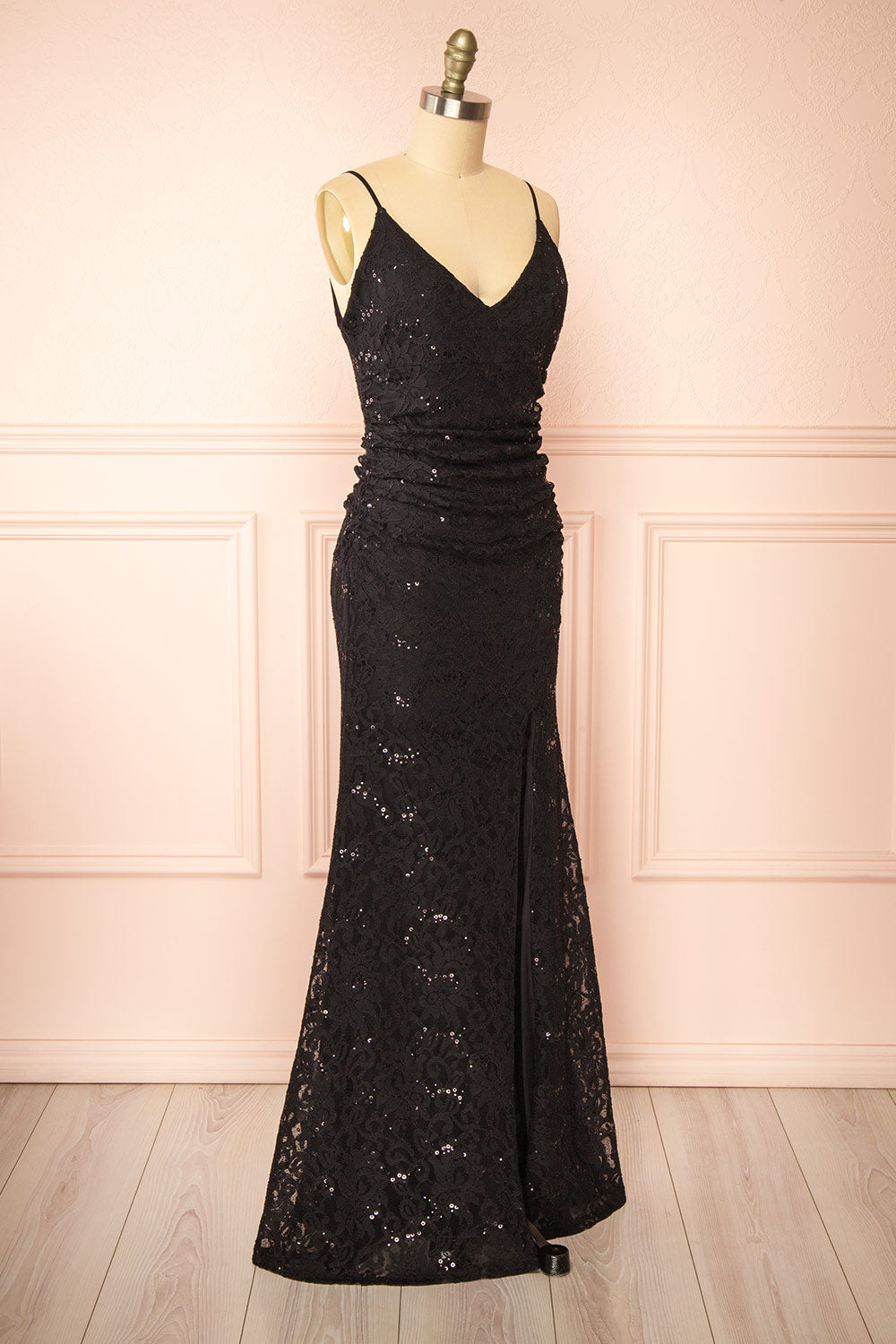 Samy Black Sparkly Lace Mermaid Dress w/ Slit | Boutique 1861 side view