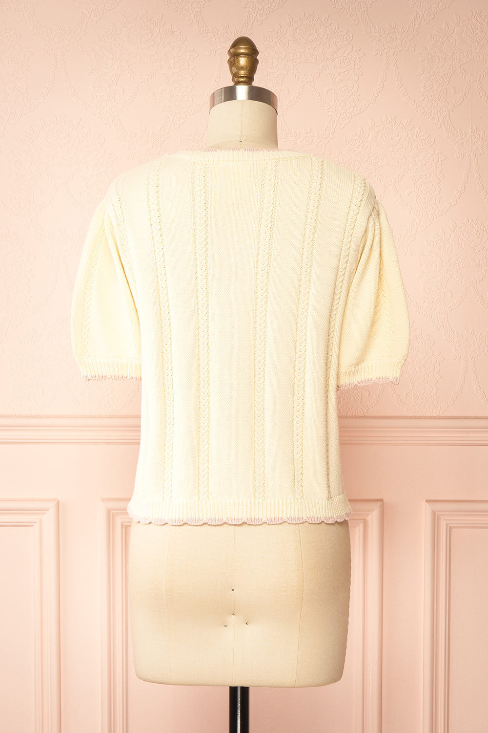 Sanae Cream Floral Embroidered Scallop Edge Knit Cardigan | Boutique 1861 back view