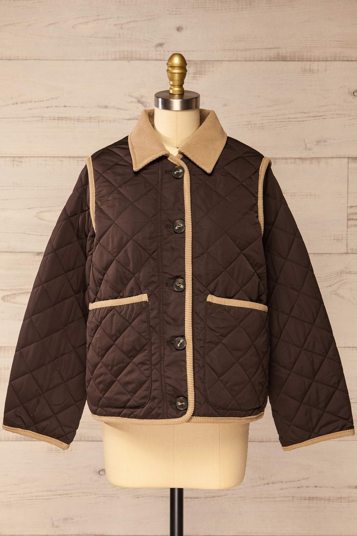 front view of Sancerre Brown Quilted Jacket with Corduroy Contrast at La petite garçonne