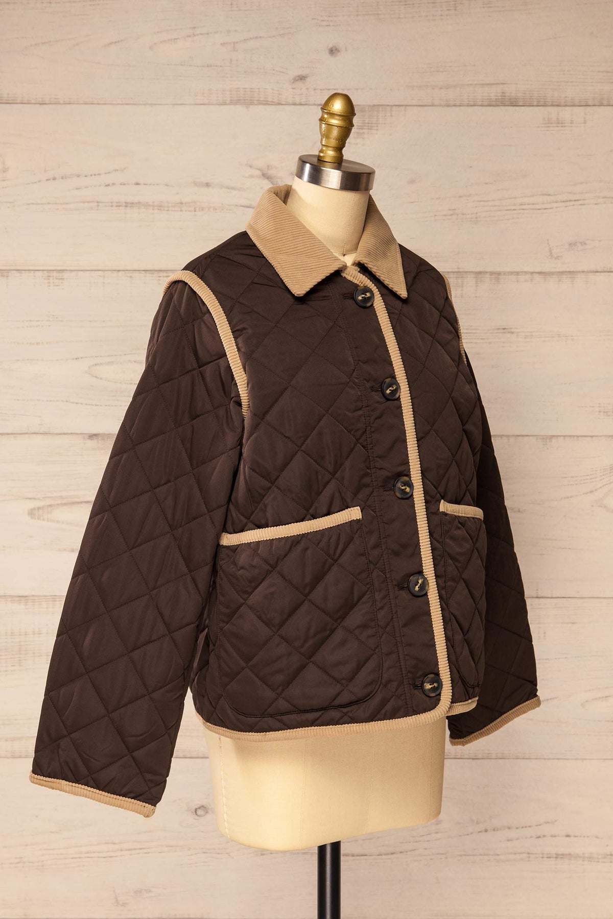 side view of Sancerre Brown Quilted Jacket with Corduroy Contrast at La petite garçonne