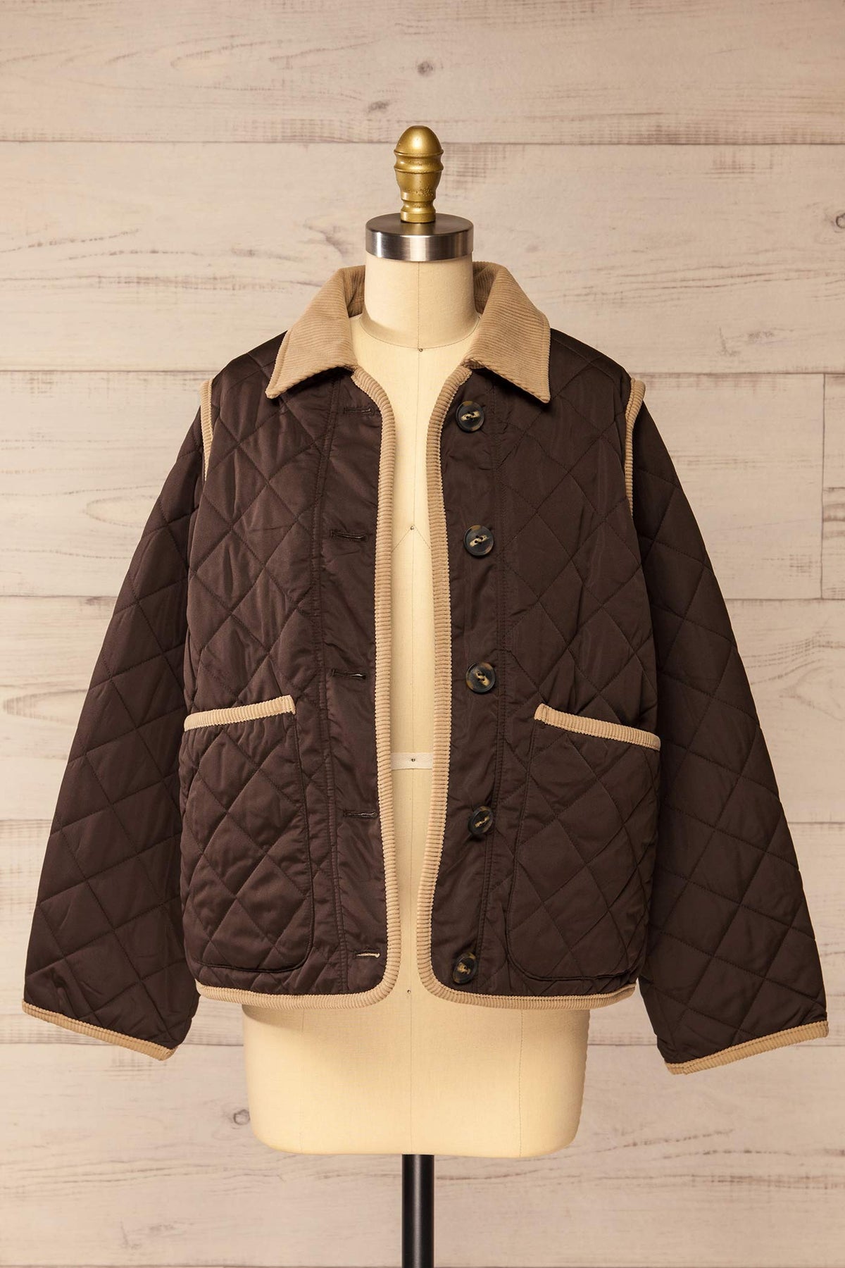 open view of Sancerre Brown Quilted Jacket with Corduroy Contrast at La petite garçonne